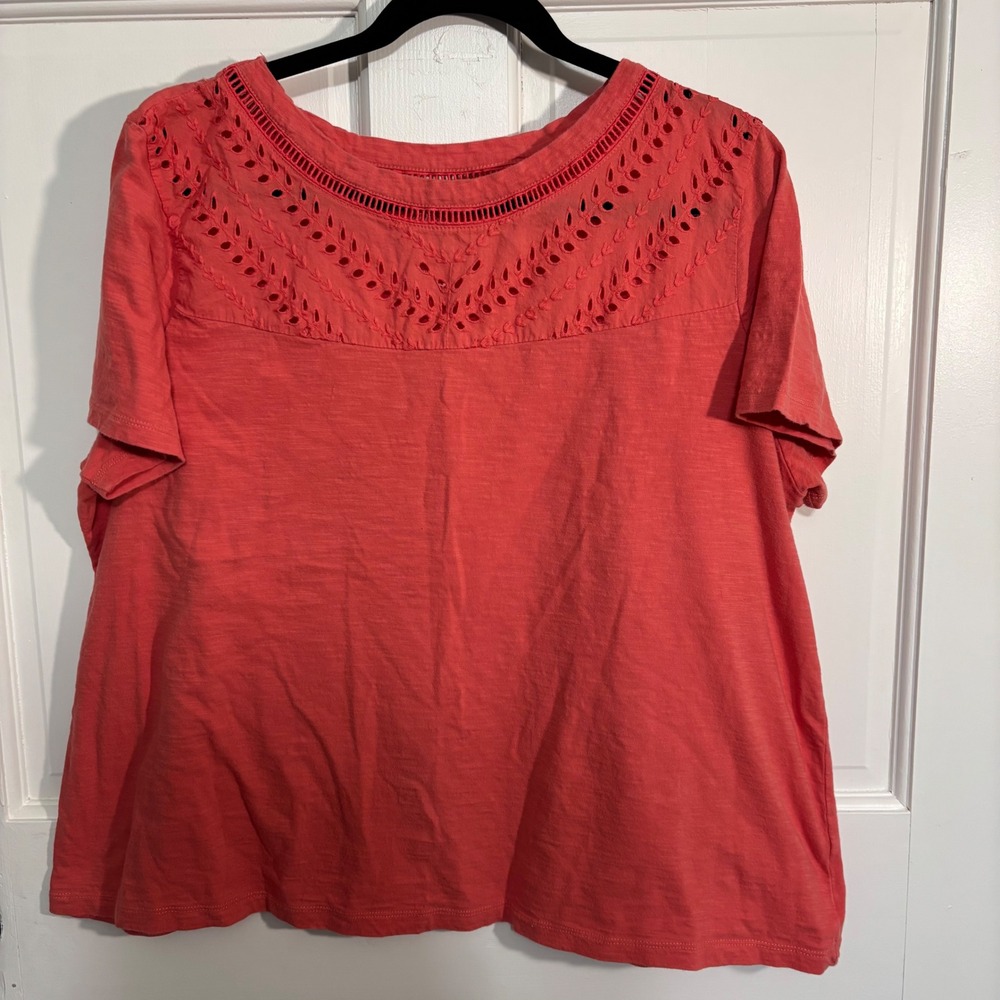 St Johns Bay Coral Pink Eyelet Embroidered Cotton Slub T-Shirt XXL Womens Top